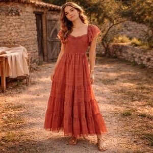 Max Studio Smocked Tiered Maxi Dress L Terracotta Rust Cottagecore Boho Prairie